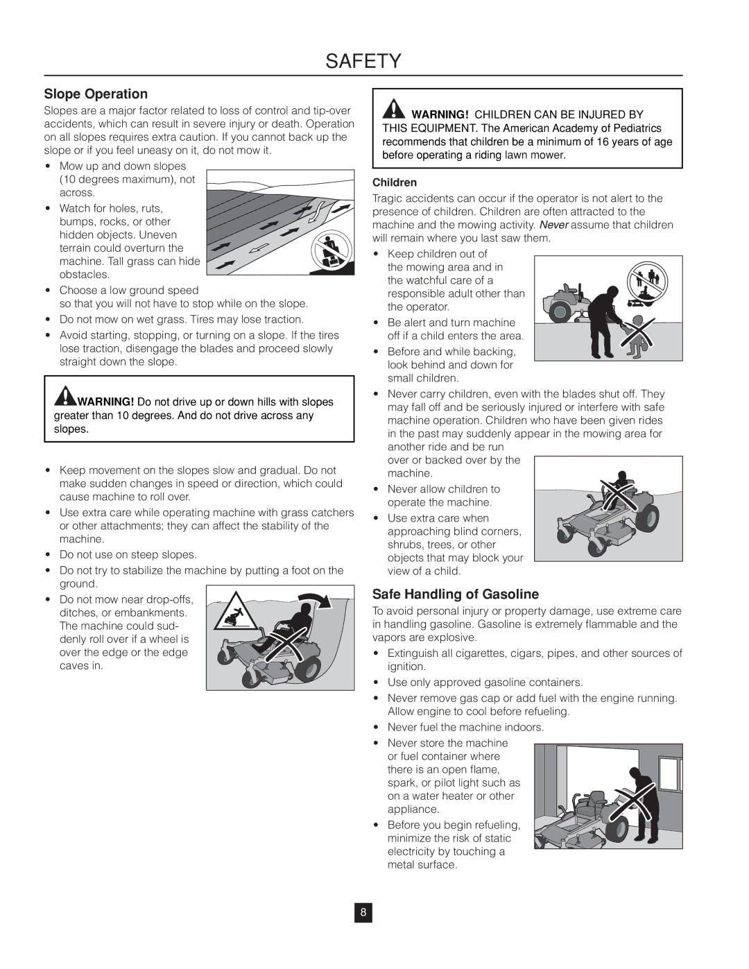 Husqvarna RZ46215 warranty Slope Operation, Safe Handling of Gasoline, Children 