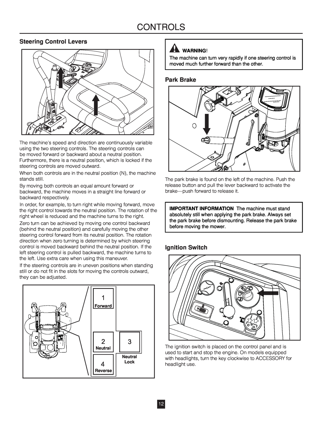 Husqvarna RZ46215 warranty Steering Control Levers, Park Brake, Ignition Switch, Controls 