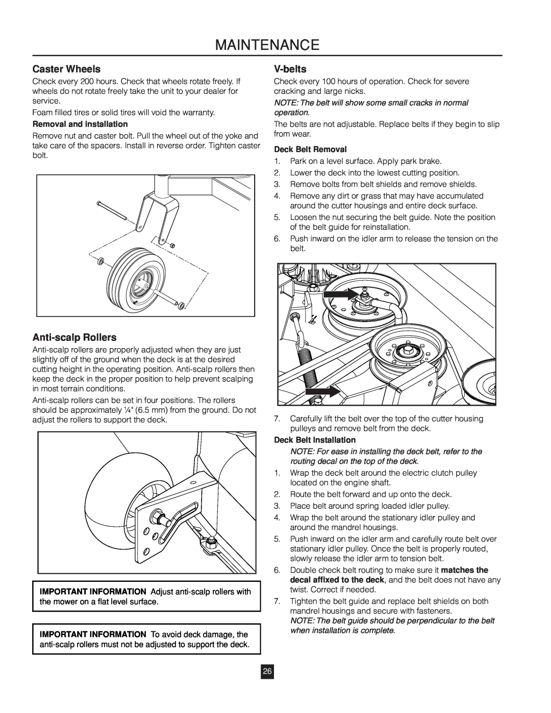 Husqvarna RZ46215 Caster Wheels, V-belts, Anti-scalp Rollers, Maintenance, Removal and installation, Deck Belt Removal 