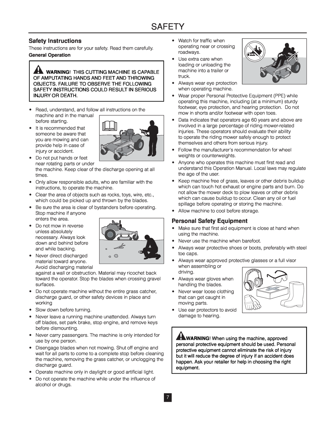 Husqvarna RZ46215 warranty Safety Instructions, Personal Safety Equipment, General Operation 