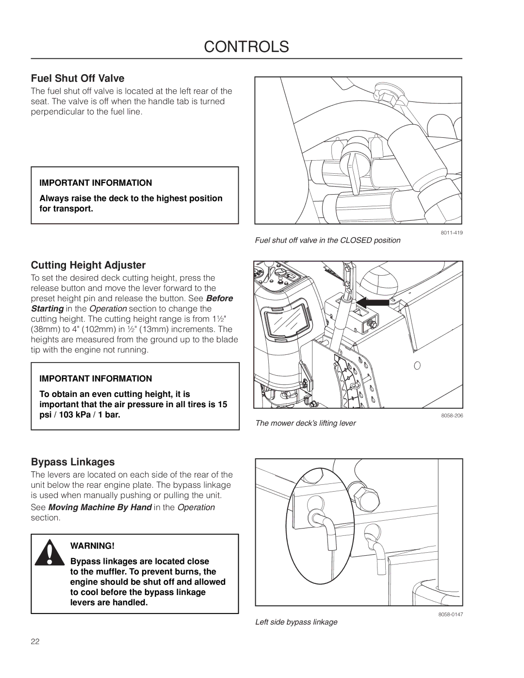 Husqvarna RZ4623/967009801 warranty Fuel Shut Off Valve, Cutting Height Adjuster, Bypass Linkages 