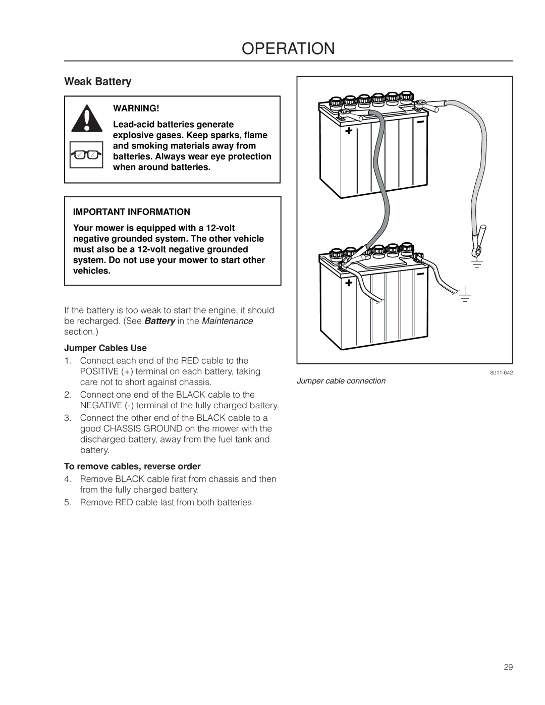 Husqvarna RZ4623/967009801 warranty Weak Battery, Jumper Cables Use, To remove cables, reverse order 