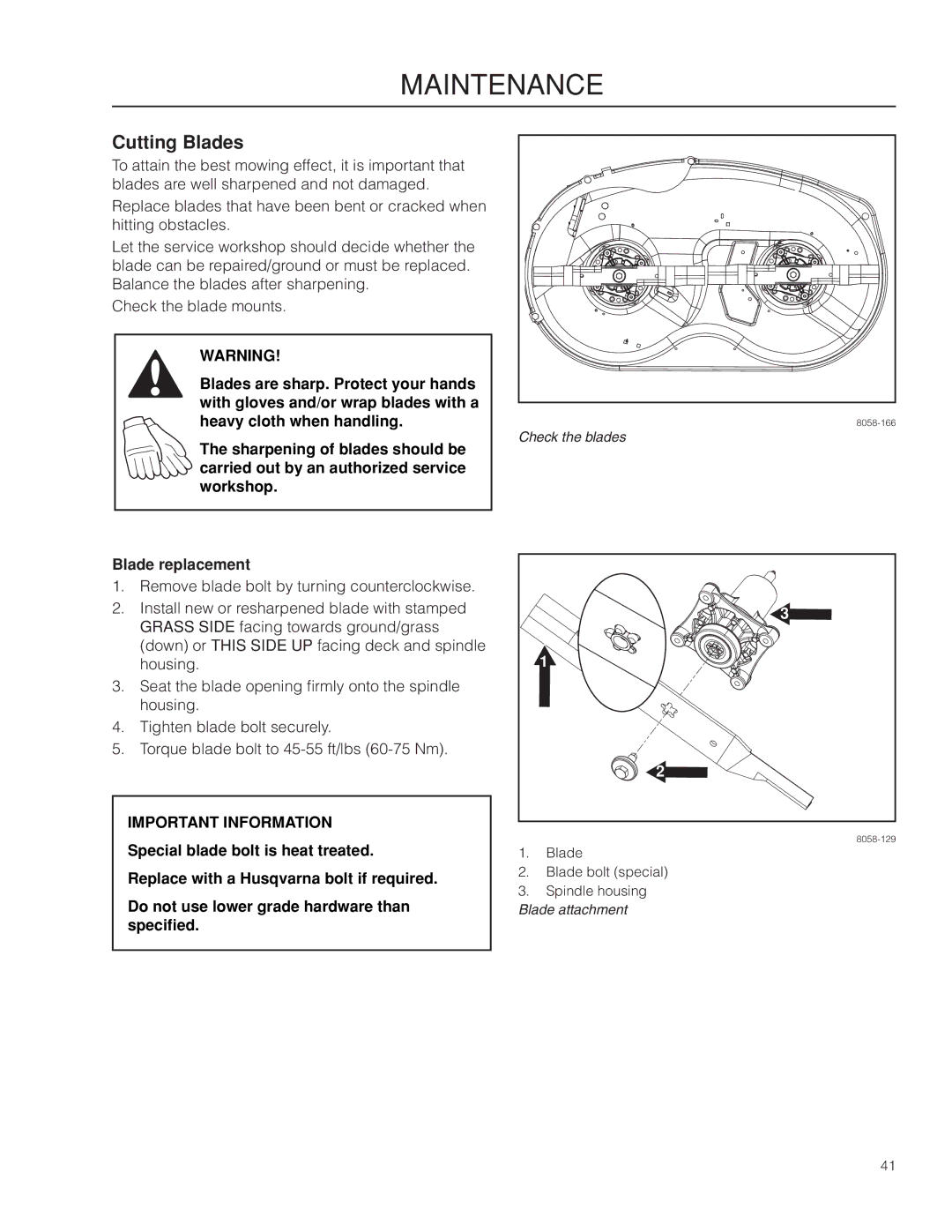 Husqvarna RZ4623/967009801 warranty Cutting Blades, Blade replacement 