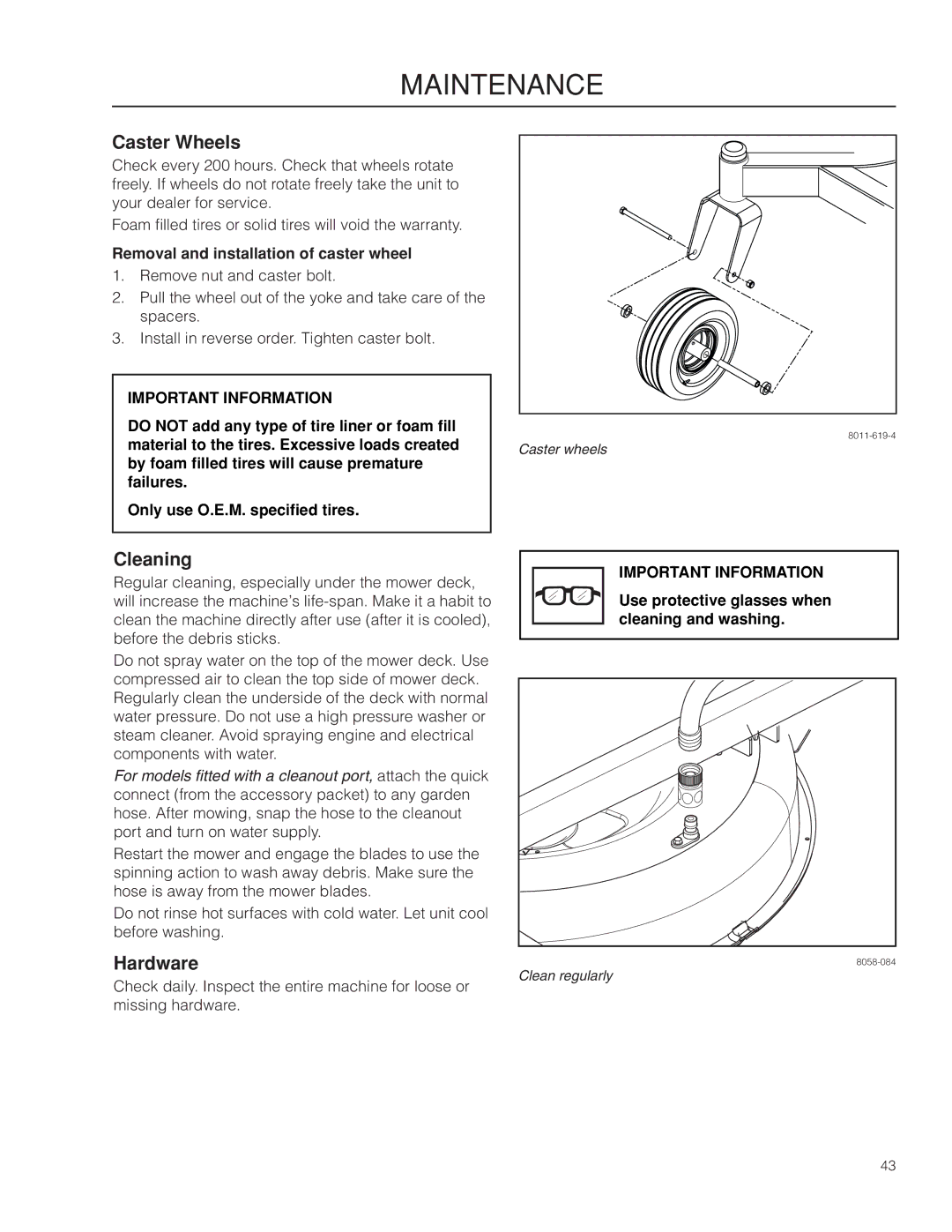 Husqvarna RZ4623/967009801 warranty Caster Wheels, Cleaning, Hardware, Removal and installation of caster wheel 