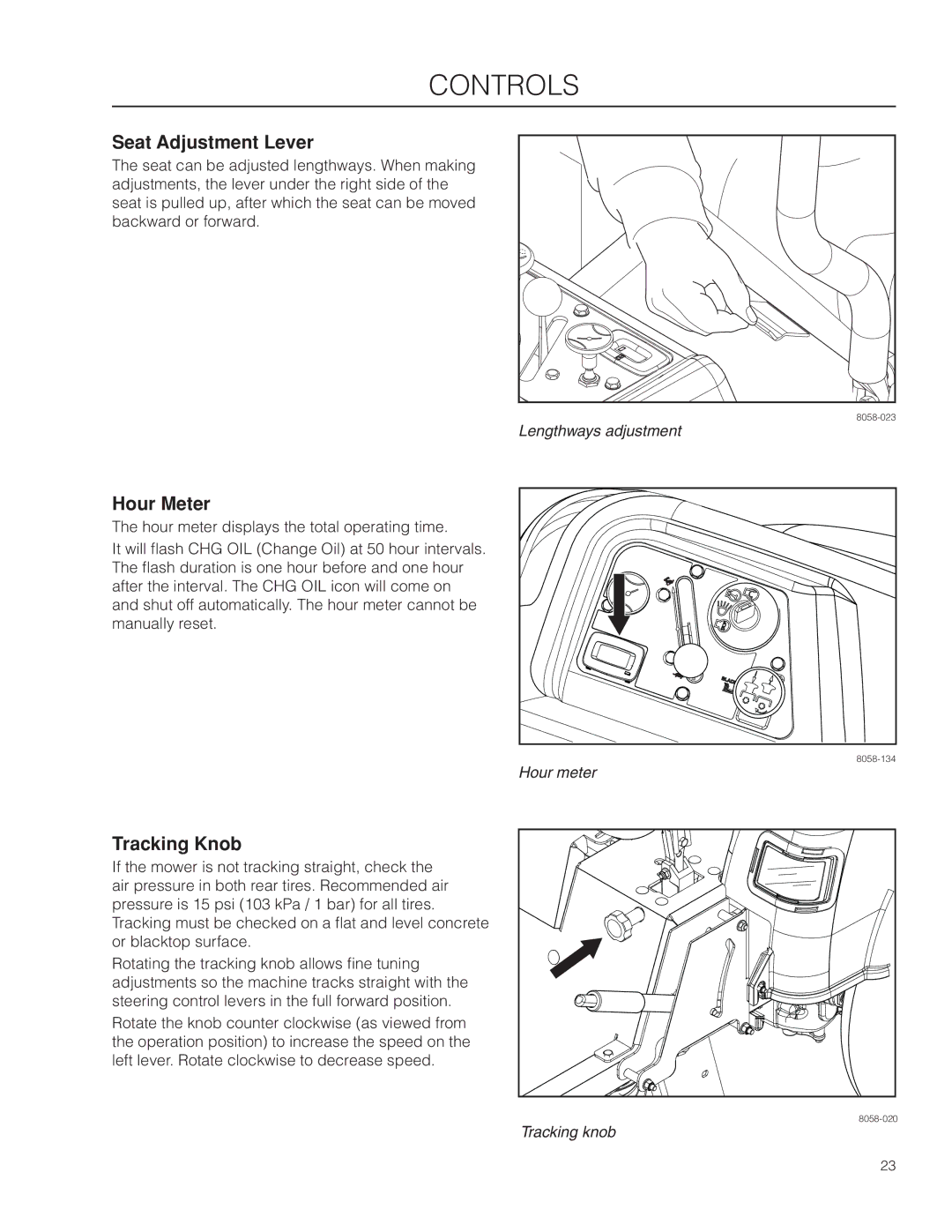 Husqvarna RZ4824F / 966678301, RZ5424 / 966659301, RZ4623 / 966678201 manual Seat Adjustment Lever, Hour Meter, Tracking Knob 