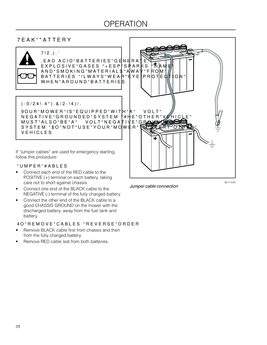 Husqvarna RZ5424 / 966659301, RZ4623 / 966678201, RZ4621 CA Weak Battery, Jumper Cables, To remove cables, reverse order 