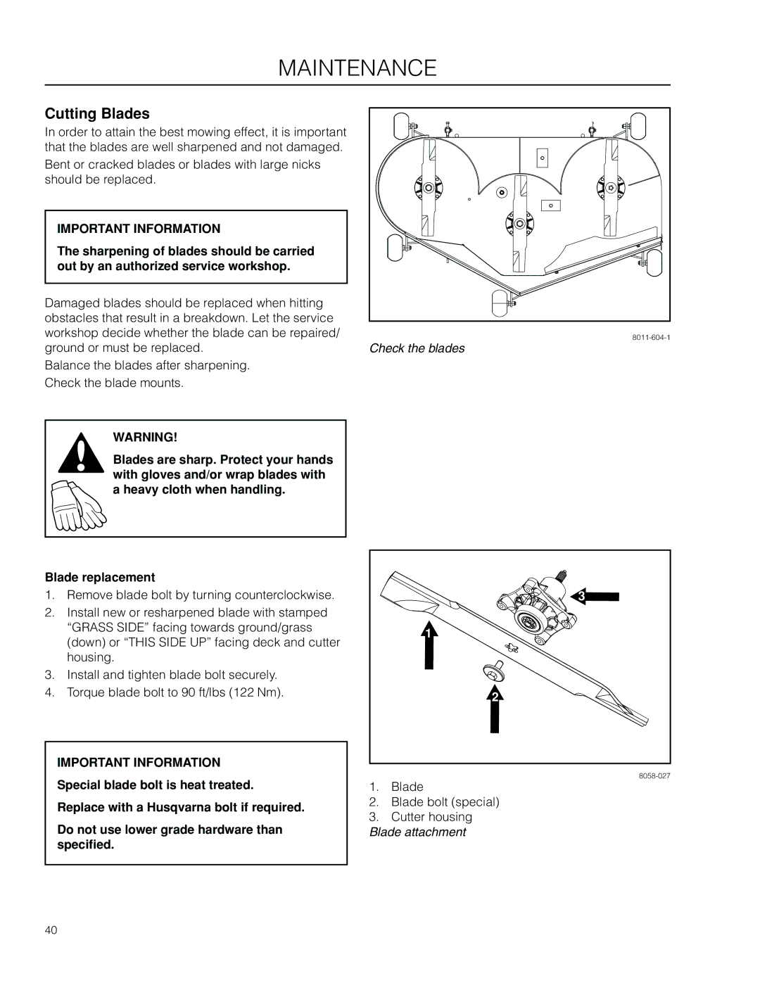 Husqvarna RZ4621 BF / 966676501, RZ5424 / 966659301, RZ4623 / 966678201, RZ4621 CA manual Cutting Blades, Blade replacement 