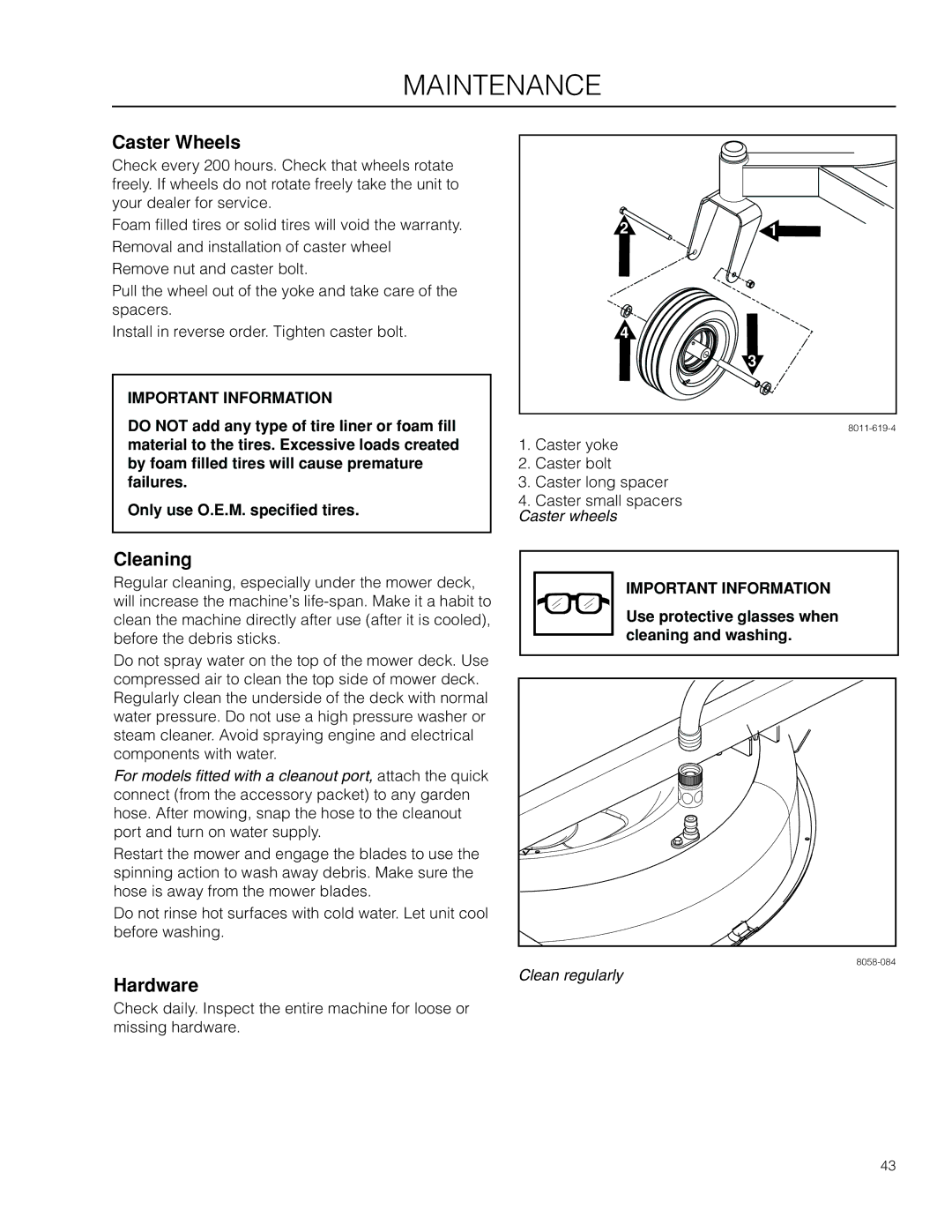 Husqvarna RZ4623 / 966678201, RZ4621 Caster Wheels, Cleaning, Hardware, Use protective glasses when cleaning and washing 