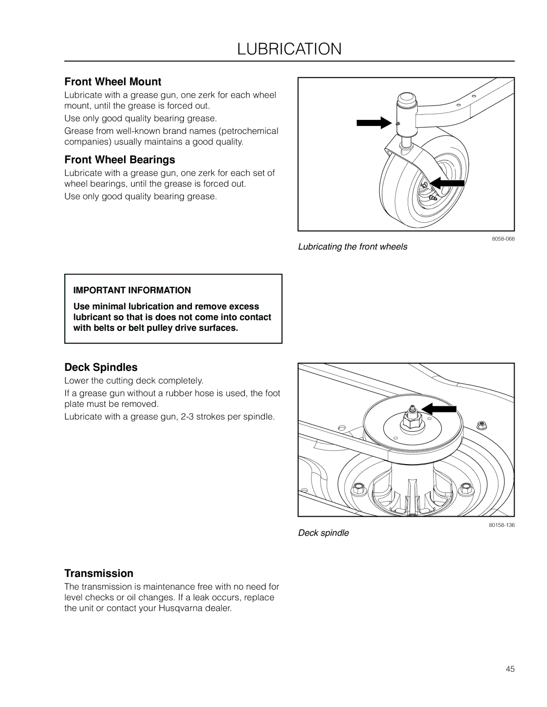 Husqvarna RZ4621 CA, RZ5424 / 966659301 manual Front Wheel Mount, Front Wheel Bearings, Deck Spindles, Transmission 