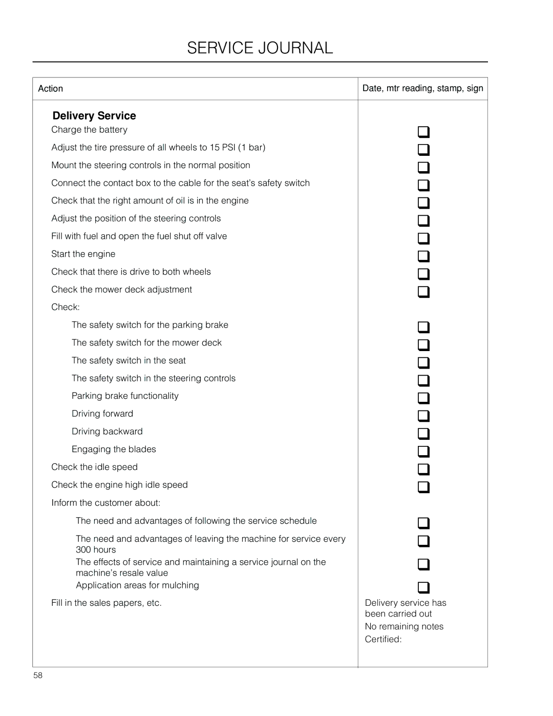 Husqvarna RZ4824F / 966678301, RZ5424 / 966659301, RZ4623 / 966678201, RZ4621 CA manual Service Journal, Delivery Service 