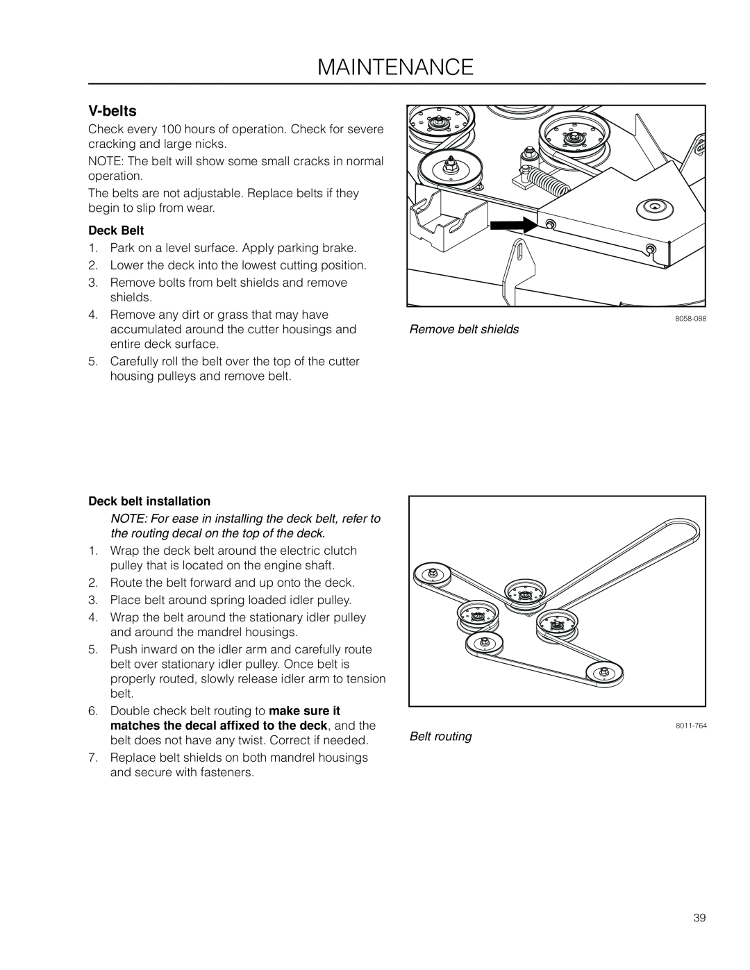 Husqvarna RZ4621 CA manual V-belts, Remove belt shields, Belt routing, Maintenance, Deck Belt, Deck belt installation 