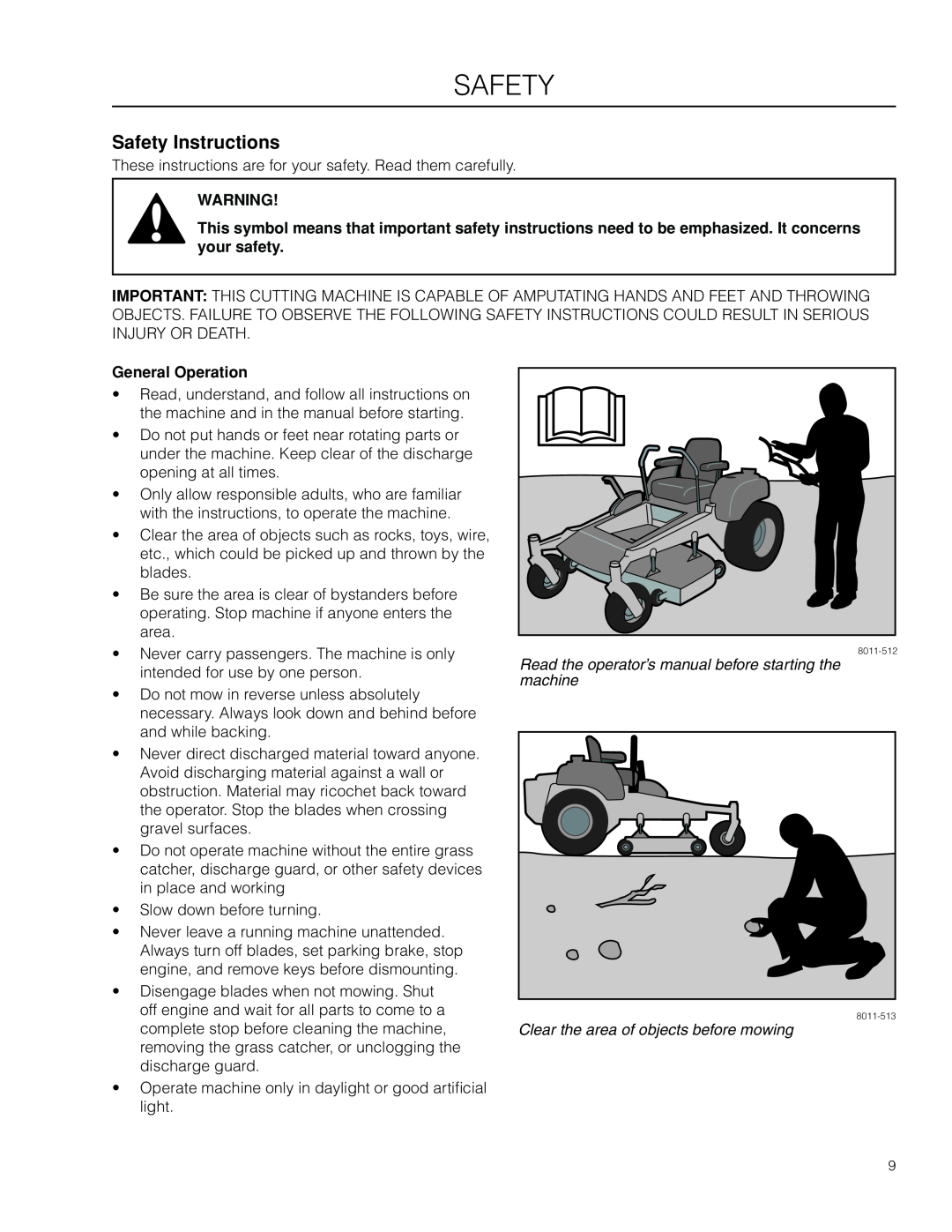 Husqvarna RZ4824F / 966678301, RZ5424 / 966659301, RZ4621 Safety Instructions, Clear the area of objects before mowing 