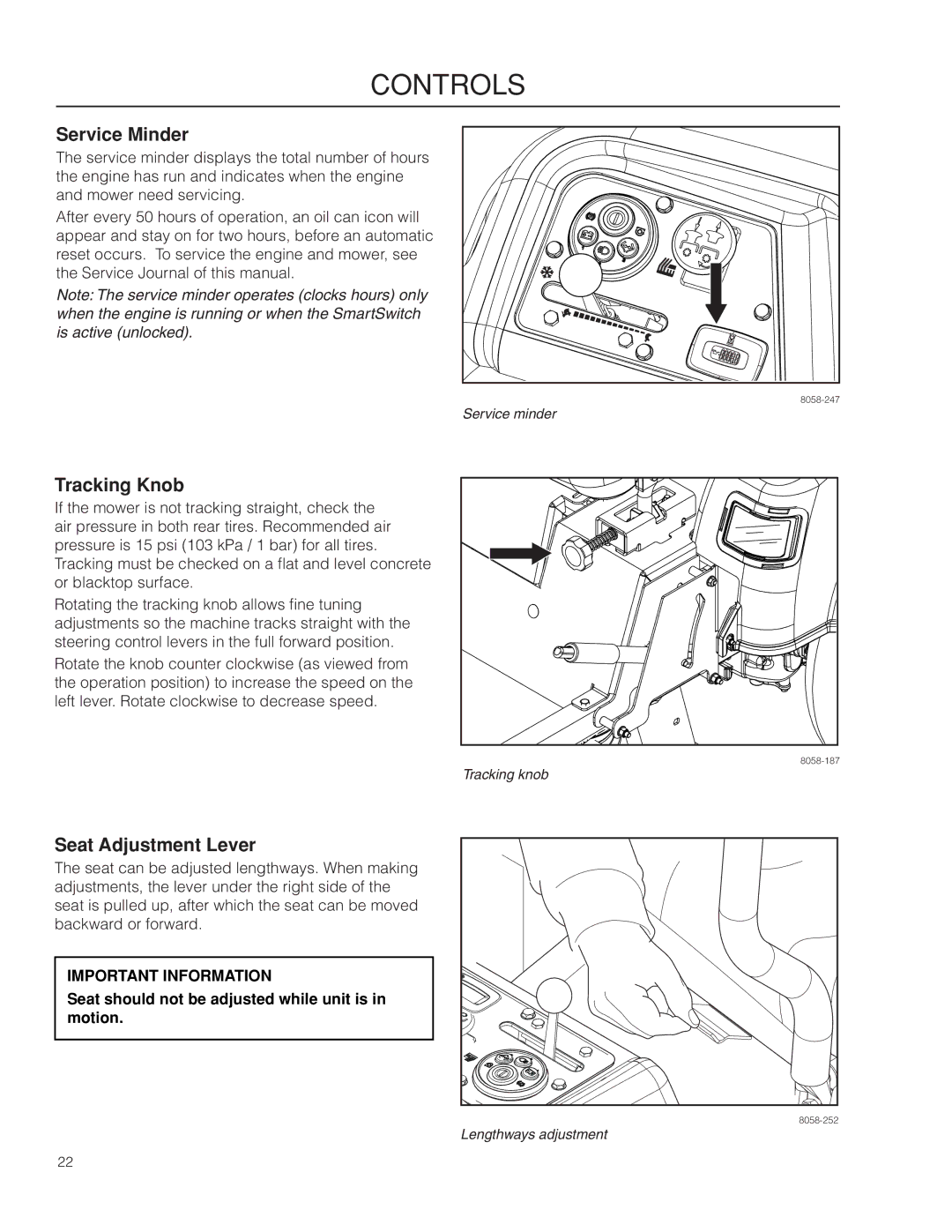 Husqvarna RZ54i / 967003604 warranty Service Minder, Tracking Knob, Seat Adjustment Lever 