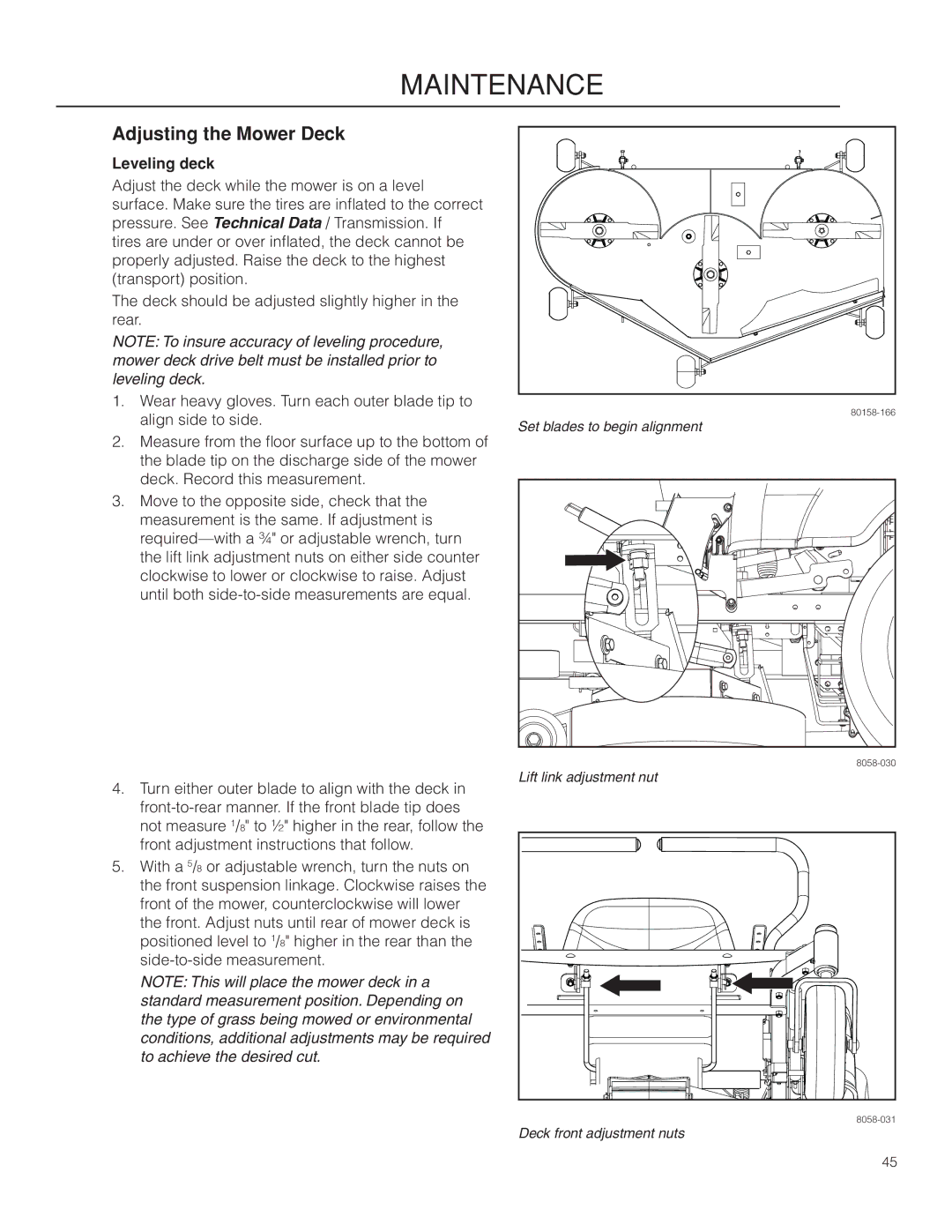 Husqvarna RZ54i / 967003604 warranty Adjusting the Mower Deck, Leveling deck 