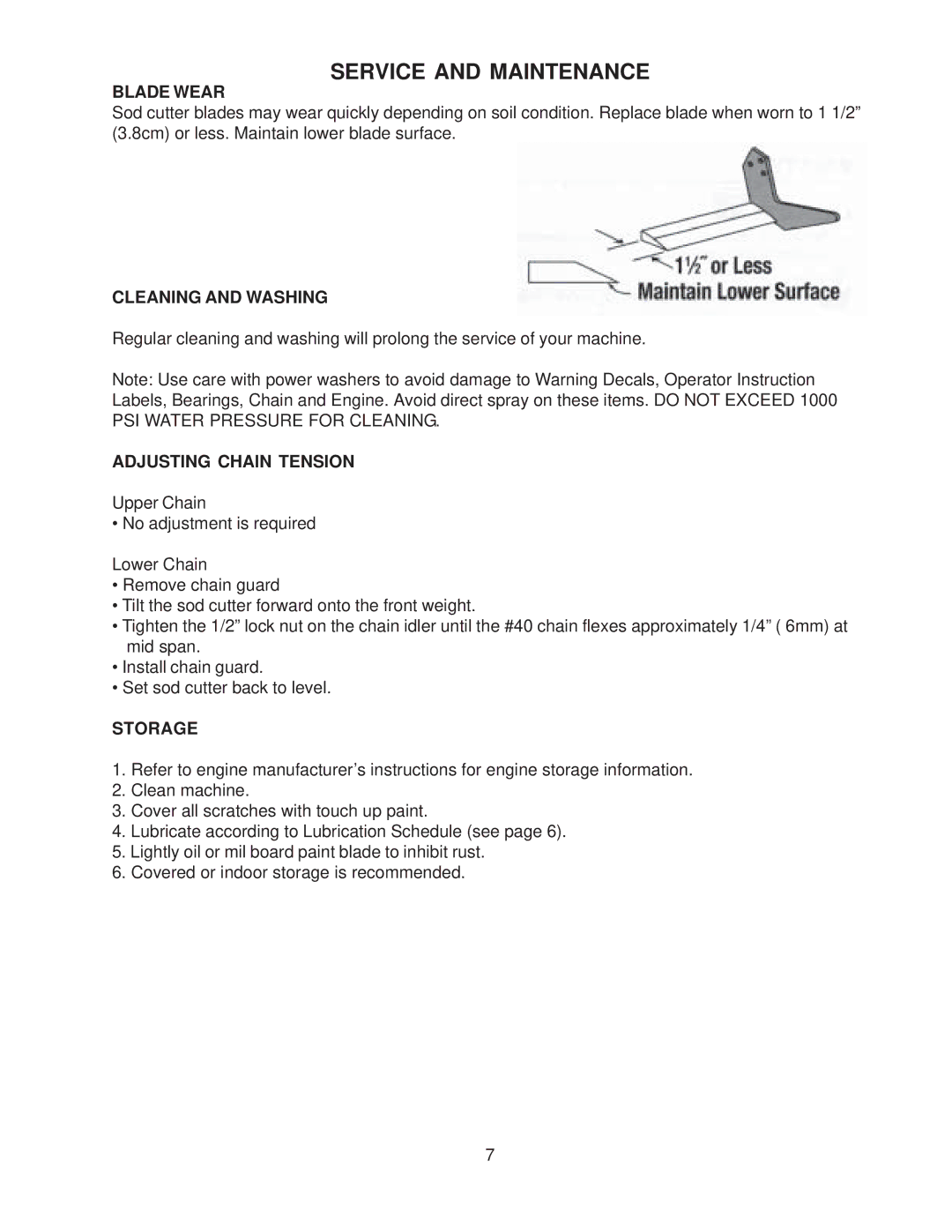 Husqvarna SC18/968999352 manual Service and Maintenance, Blade Wear, Cleaning and Washing, Adjusting Chain Tension, Storage 