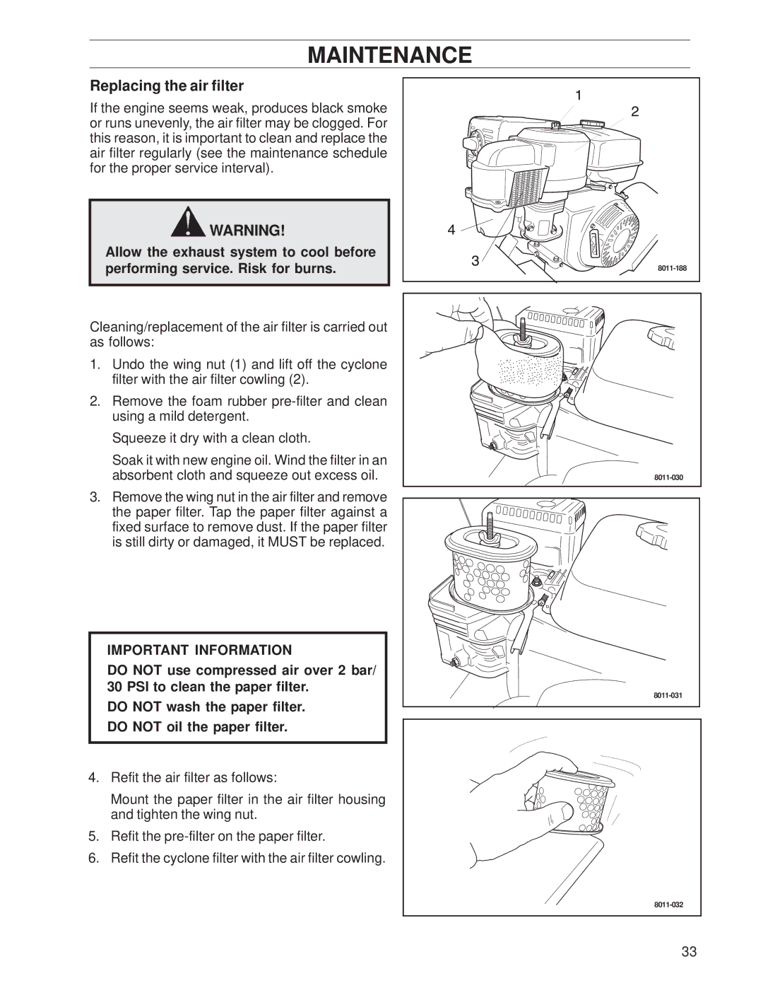 Husqvarna 968999239, SG13A / CE manual Replacing the air filter 