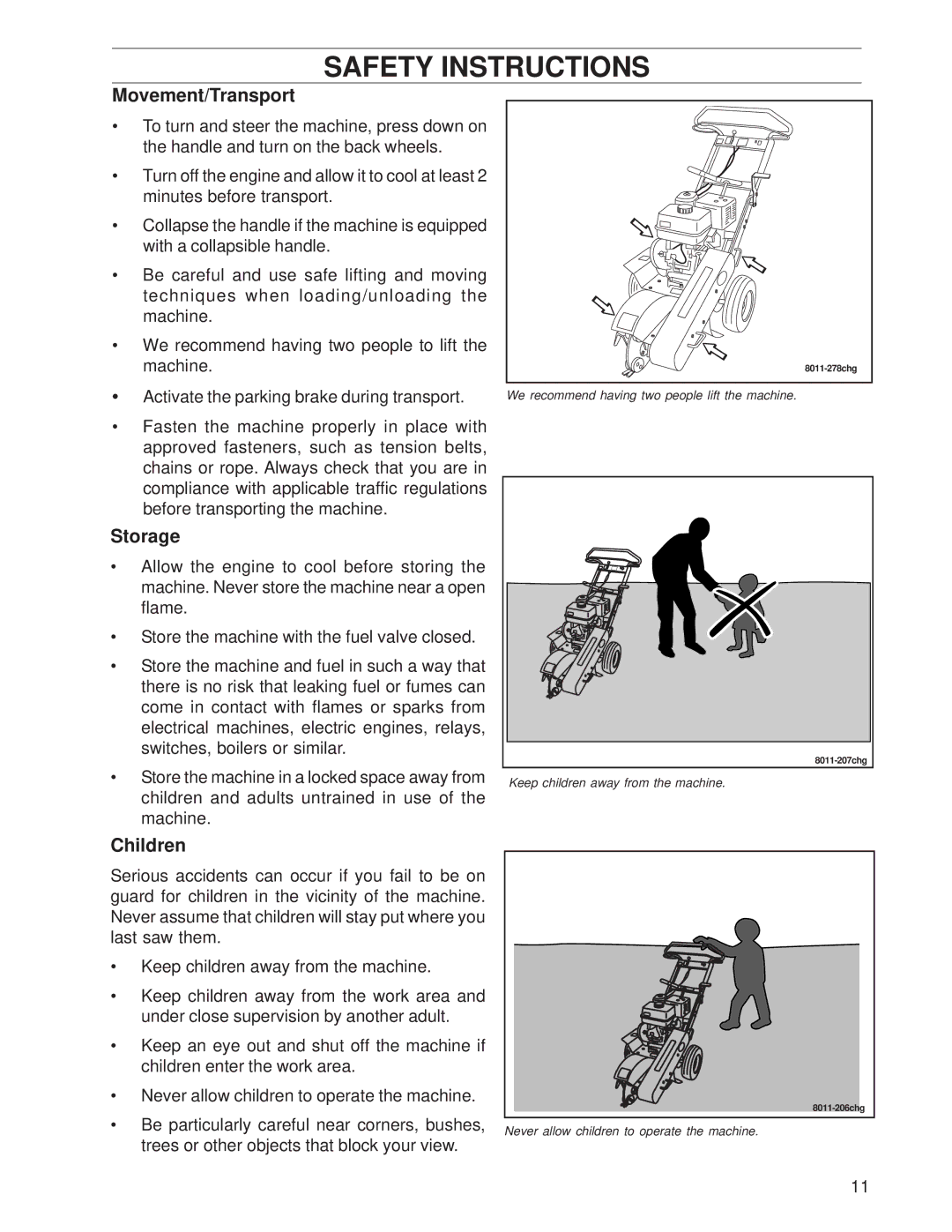 Husqvarna SG13/968999353, SG13A, SG13 manual Movement/Transport, Storage, Children 