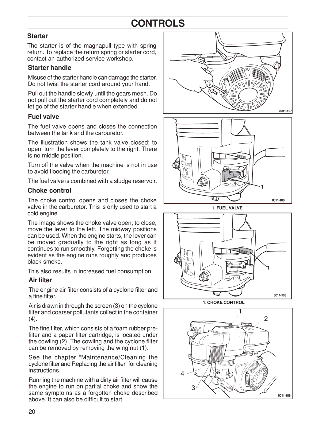 Husqvarna SG13A, SG13, SG13/968999353 manual Starter handle, Fuel valve, Choke control, Air filter 