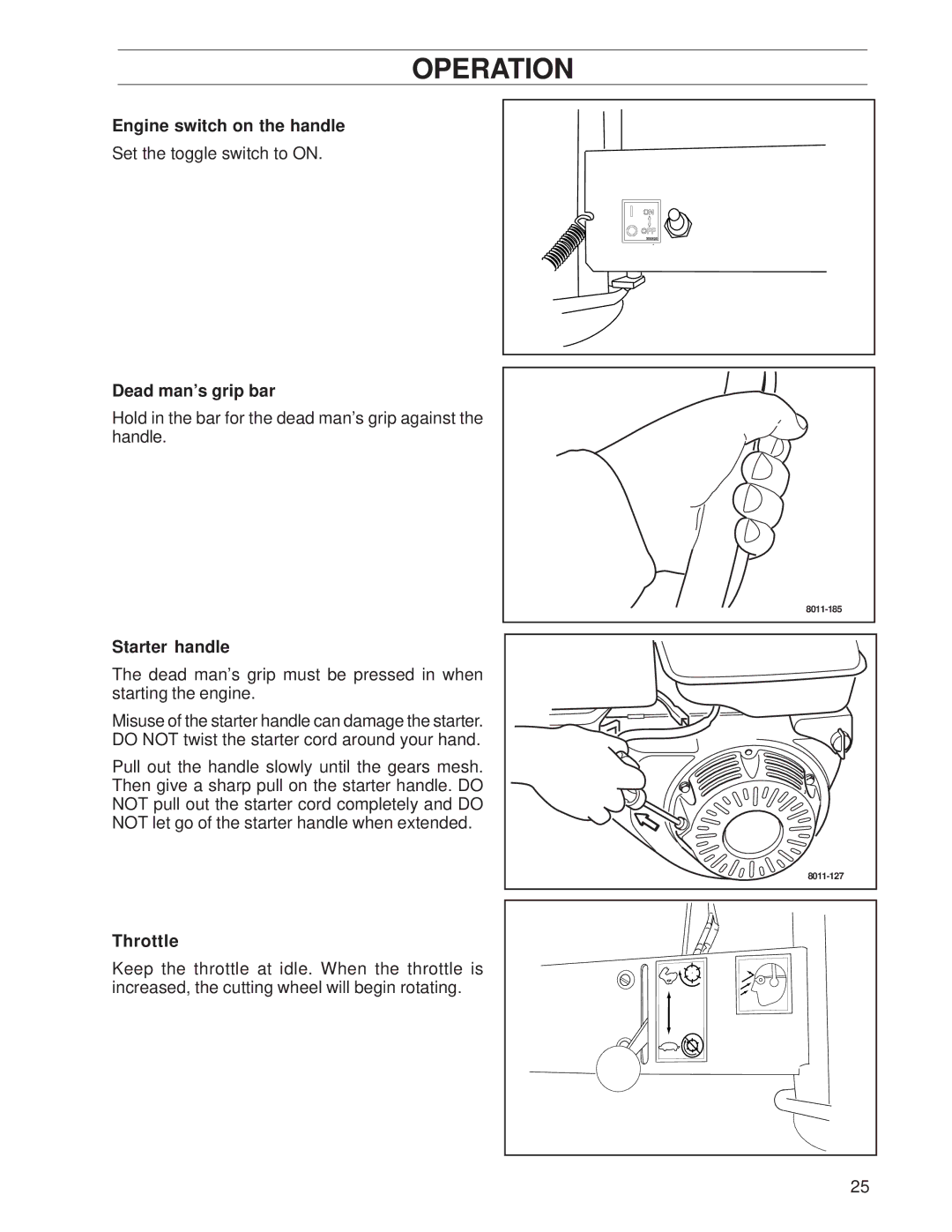 Husqvarna SG13/968999353, SG13A, SG13 manual Engine switch on the handle, Dead man’s grip bar, Starter handle 