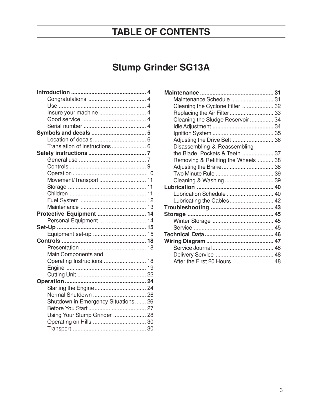 Husqvarna SG13/968999353, SG13A, SG13 manual Table of Contents 