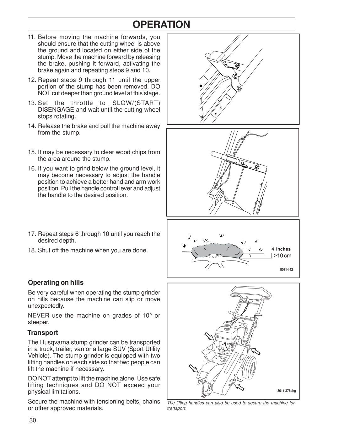 Husqvarna SG13A, SG13, SG13/968999353 manual Operating on hills, Transport, Shut off the machine when you are done 