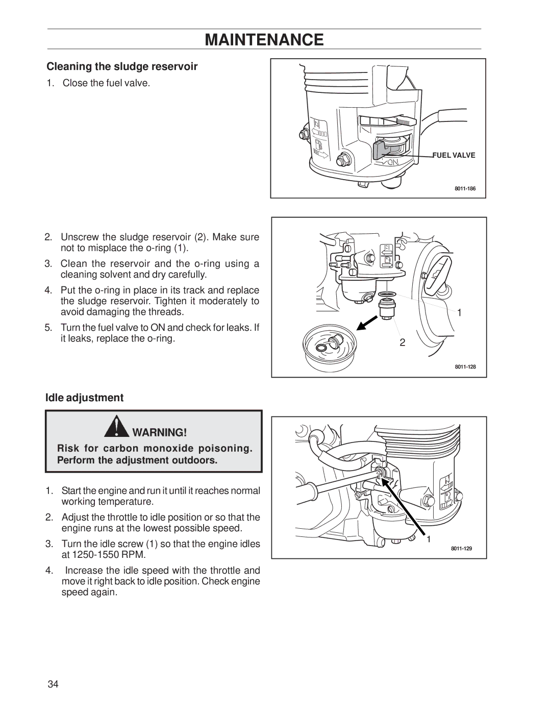 Husqvarna SG13A, SG13, SG13/968999353 manual Cleaning the sludge reservoir, Idle adjustment 