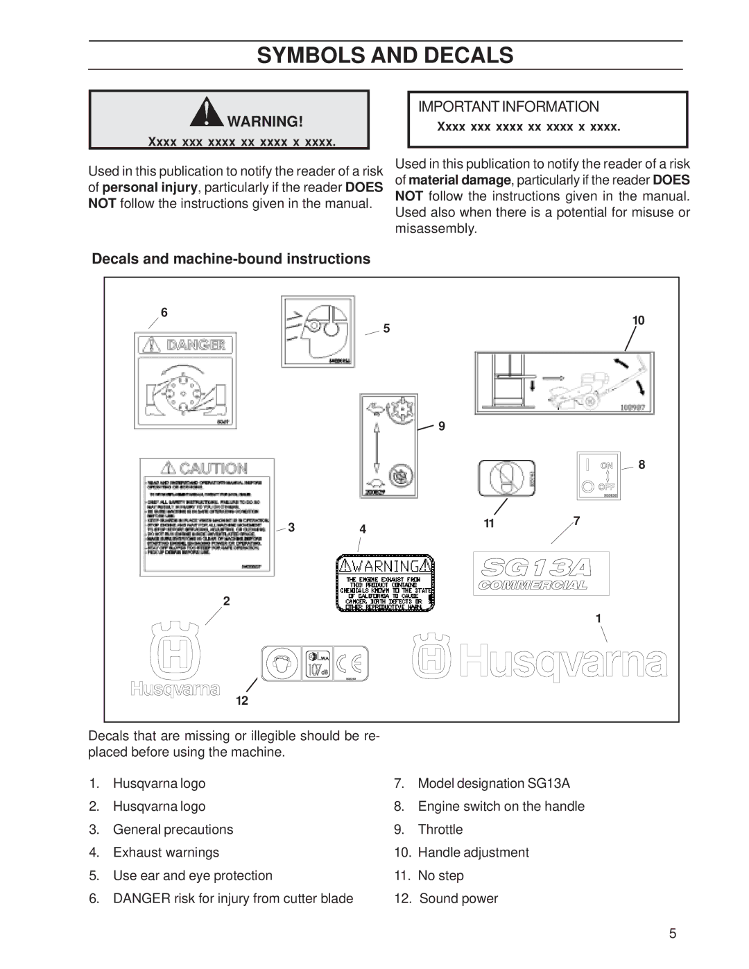 Husqvarna SG13/968999353, SG13A, SG13 manual Symbols and Decals, Decals and machine-bound instructions 