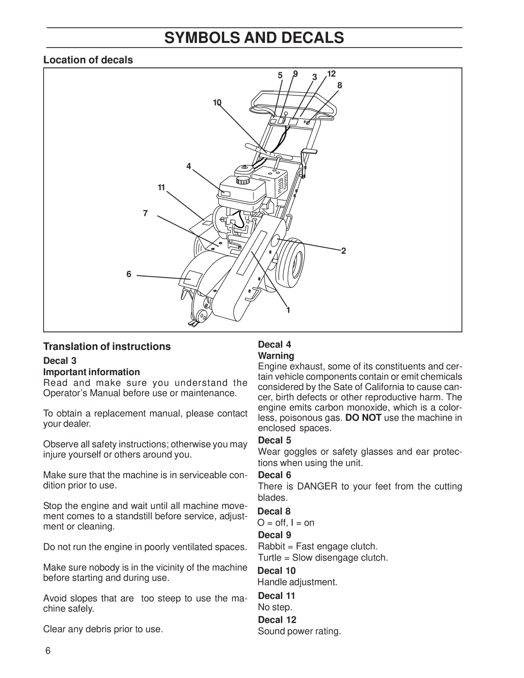 Husqvarna SG13A, SG13, SG13/968999353 manual Location of decals Translation of instructions, Decal Important information 