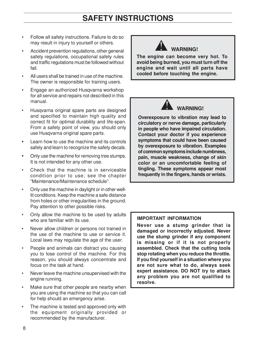 Husqvarna SG13A, SG13, SG13/968999353 manual Safety Instructions 