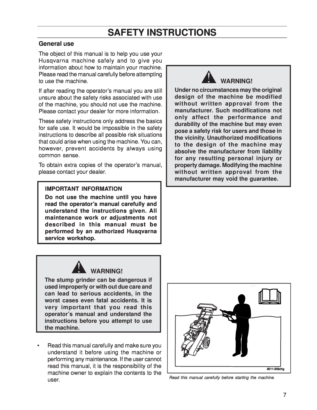 Husqvarna SG13/968999353, SG13A, SG13 manual Safety Instructions, General use, Important Information 