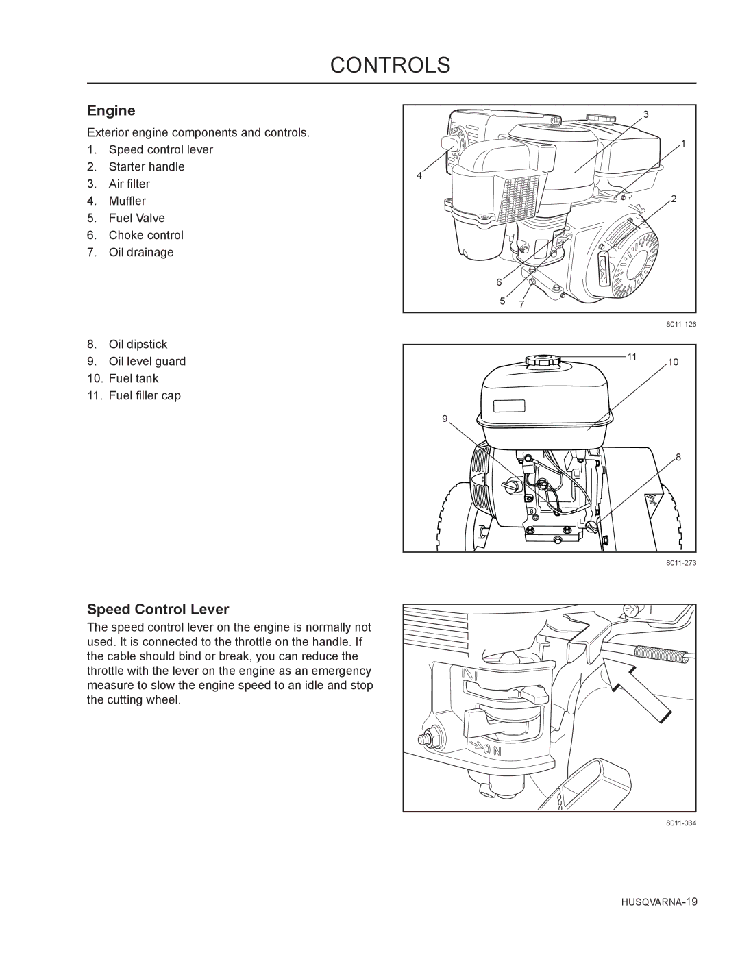 Husqvarna SG13B manual Engine, Speed Control Lever 