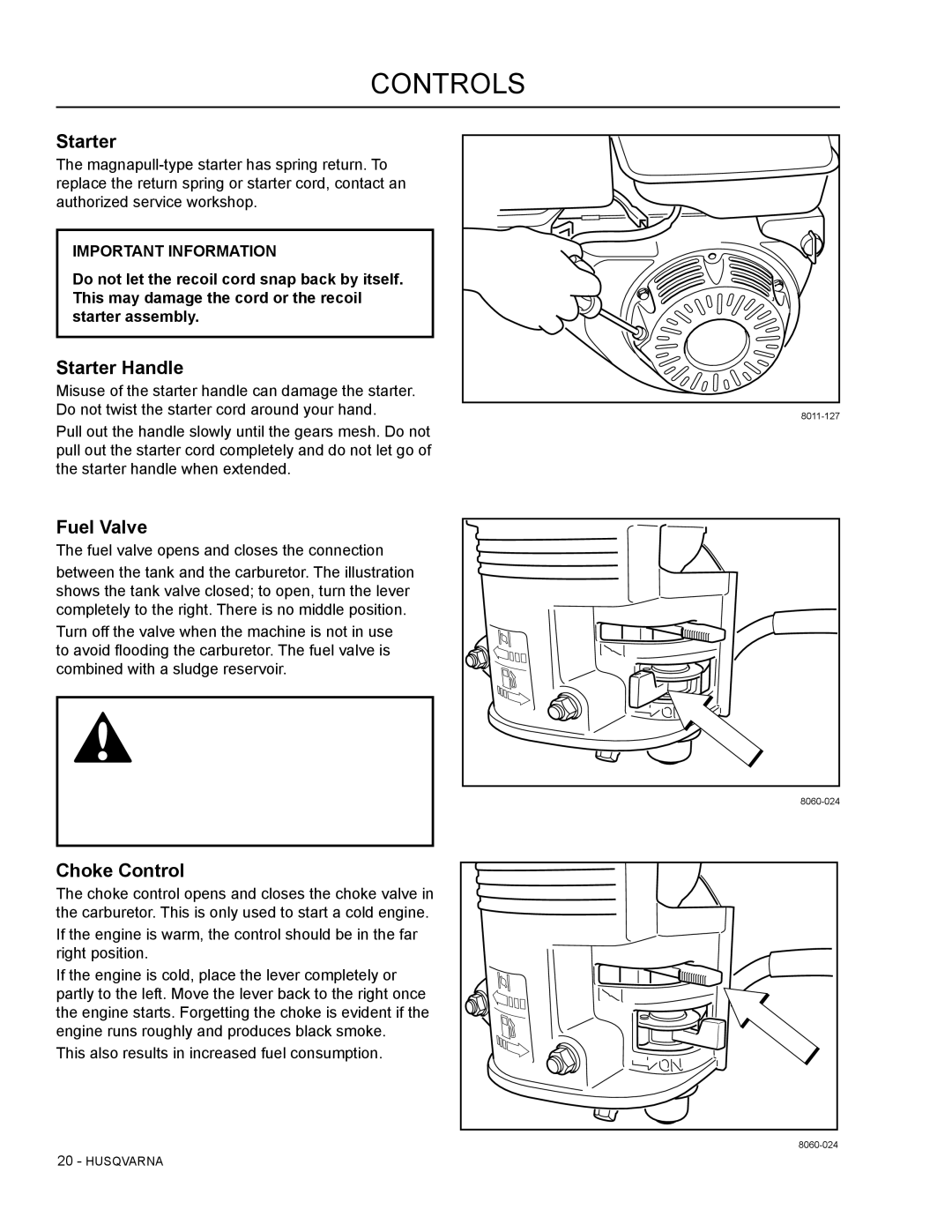 Husqvarna SG13B manual Starter Handle, Fuel Valve, Choke Control 