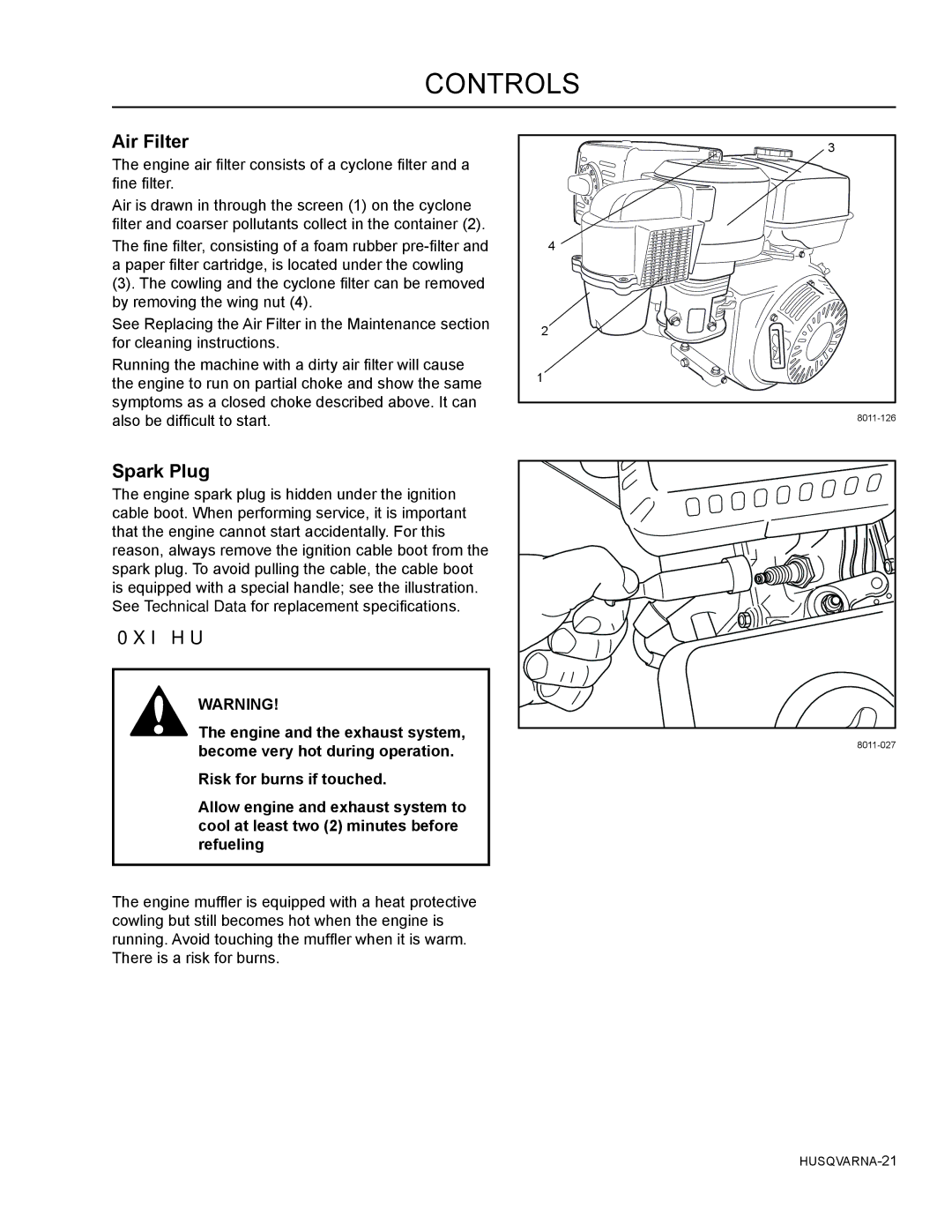 Husqvarna SG13B manual Air Filter, Spark Plug, Muffler 