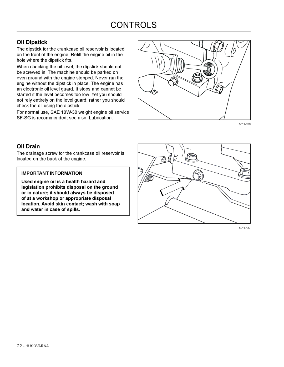 Husqvarna SG13B manual Oil Dipstick, Oil Drain 