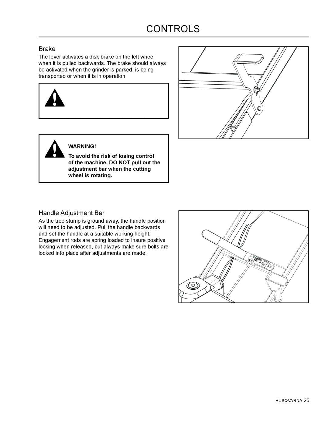 Husqvarna SG13B manual Brake, Handle Adjustment Bar 