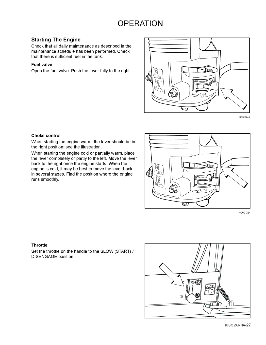 Husqvarna SG13B manual Starting The Engine, Fuel valve, Choke control, Throttle 