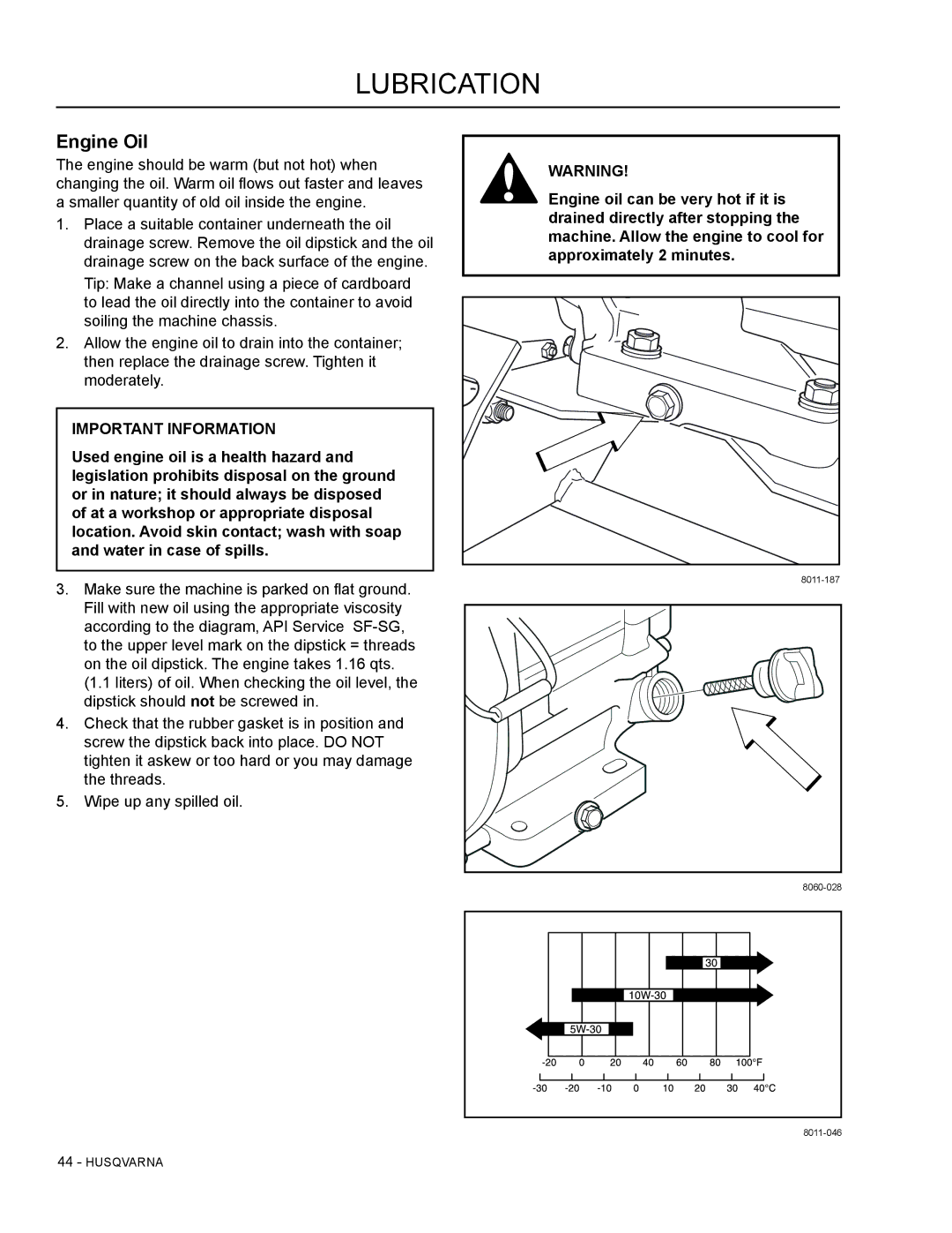 Husqvarna SG13B manual Engine Oil 