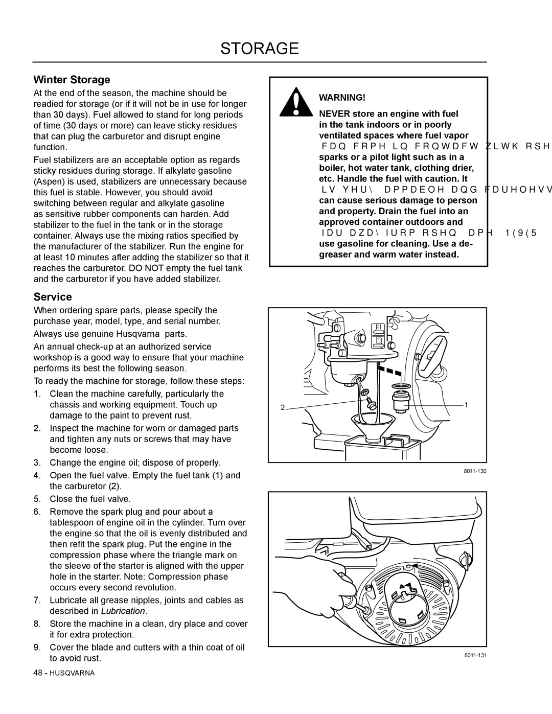 Husqvarna SG13B manual Winter Storage, Service 