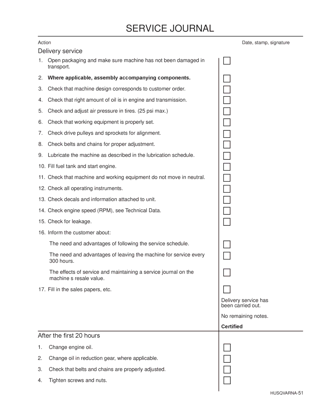 Husqvarna SG13B manual Service Journal, Delivery service 