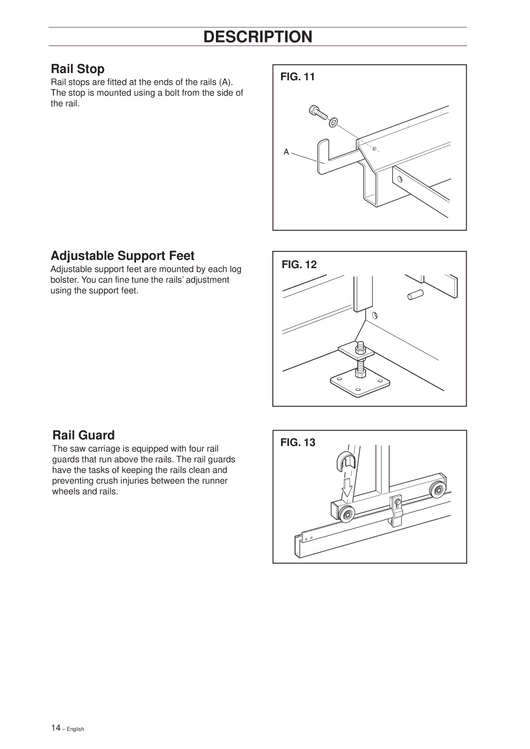 Husqvarna SMB 70, SMB 70 E manual Rail Stop, Adjustable Support Feet, Rail Guard 