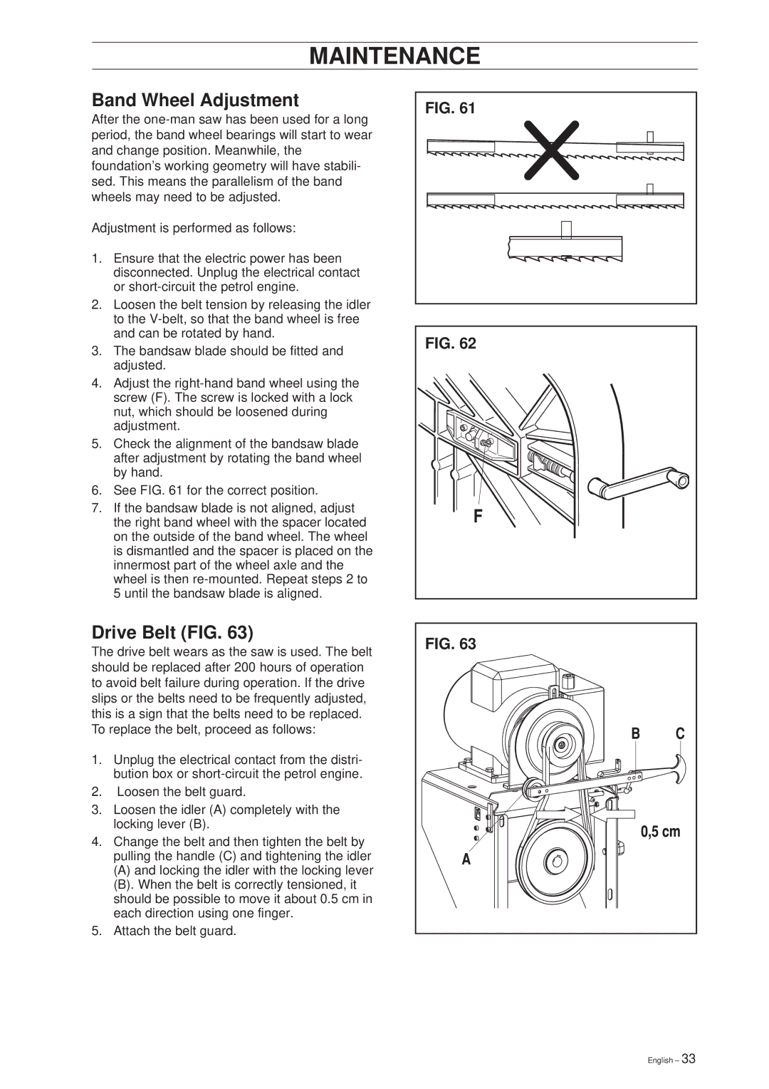 Husqvarna SMB 70, SMB 70 E manual Band Wheel Adjustment, Drive Belt FIG 