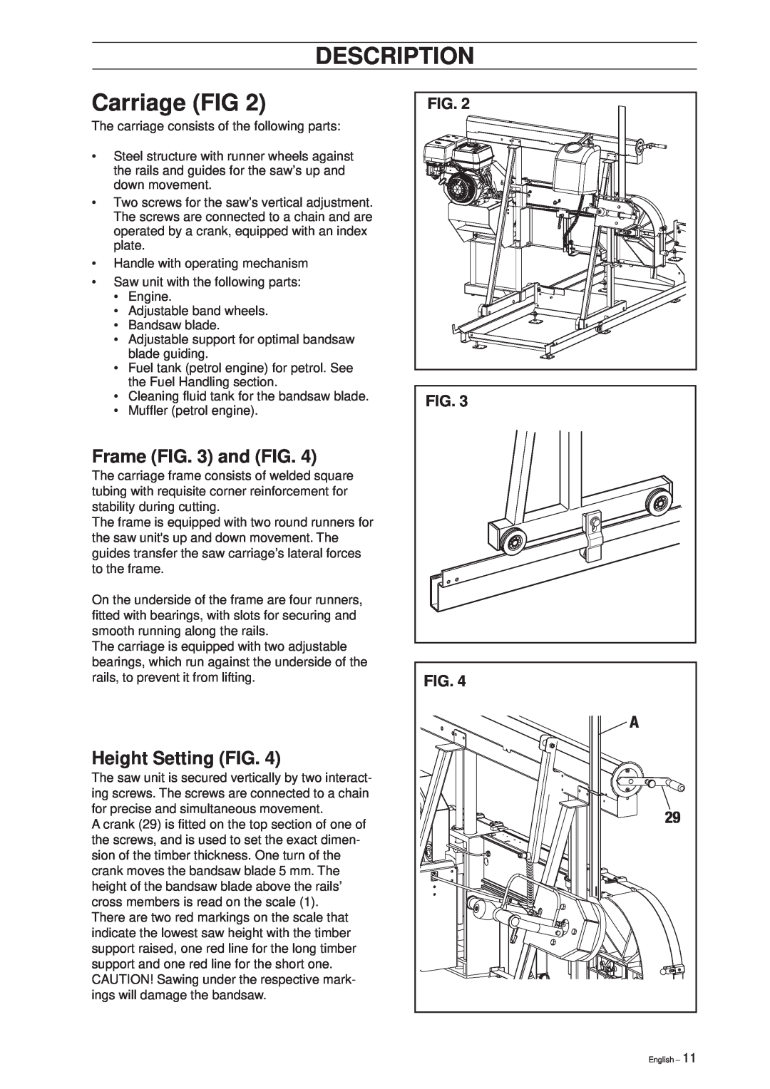 Husqvarna SMB 70, SMB 70 E manual Carriage FIG, Frame and FIG, Height Setting FIG, Description 