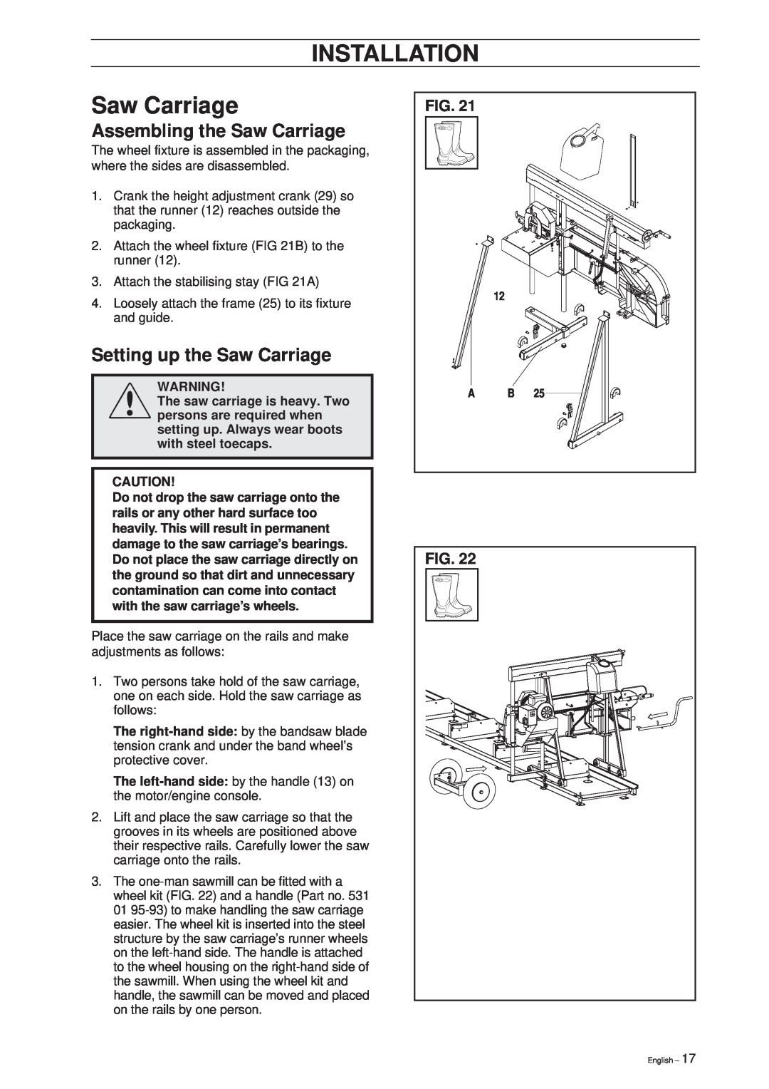 Husqvarna SMB 70, SMB 70 E manual Assembling the Saw Carriage, Setting up the Saw Carriage, Installation 