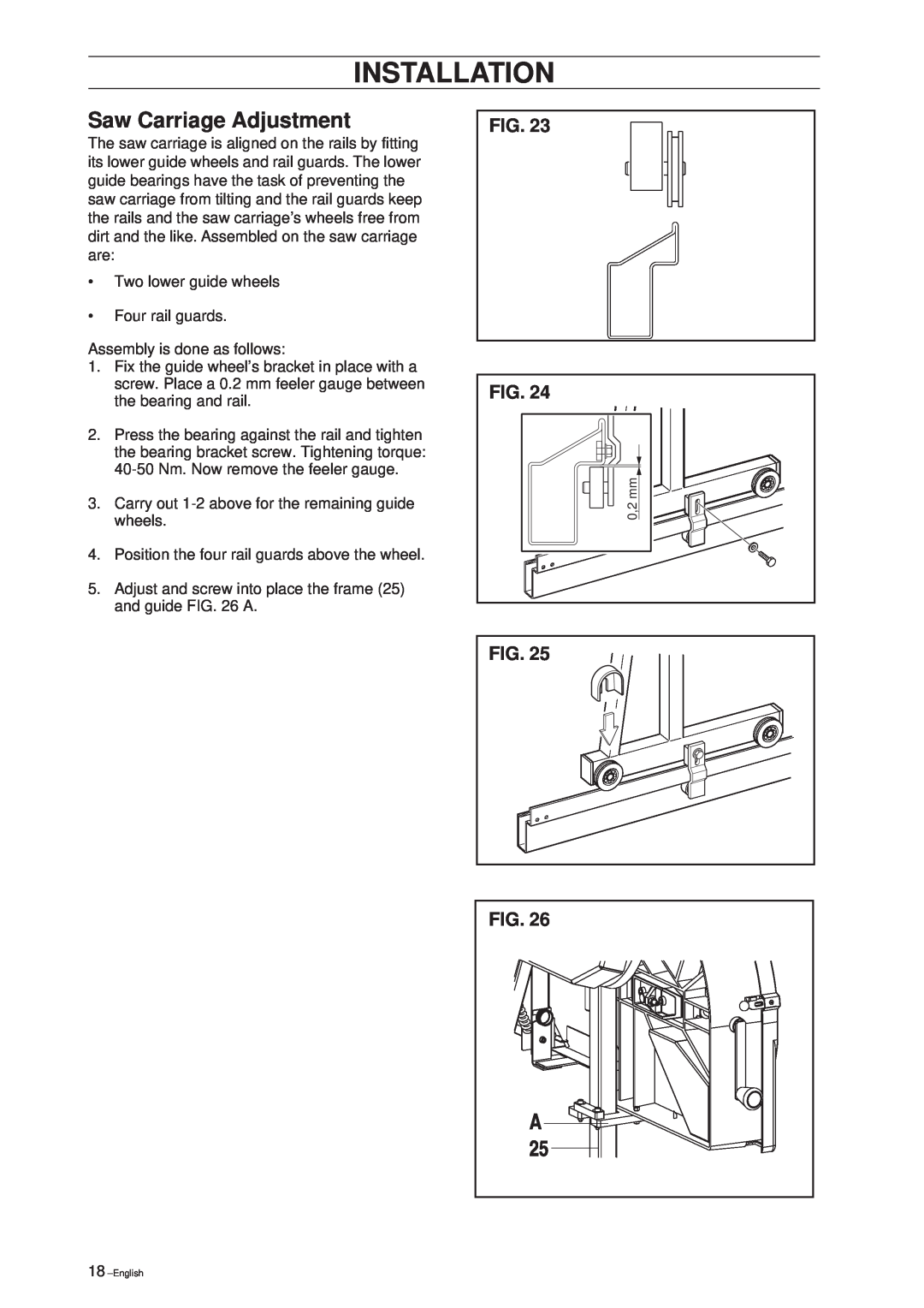 Husqvarna SMB 70, SMB 70 E manual Saw Carriage Adjustment, Installation 