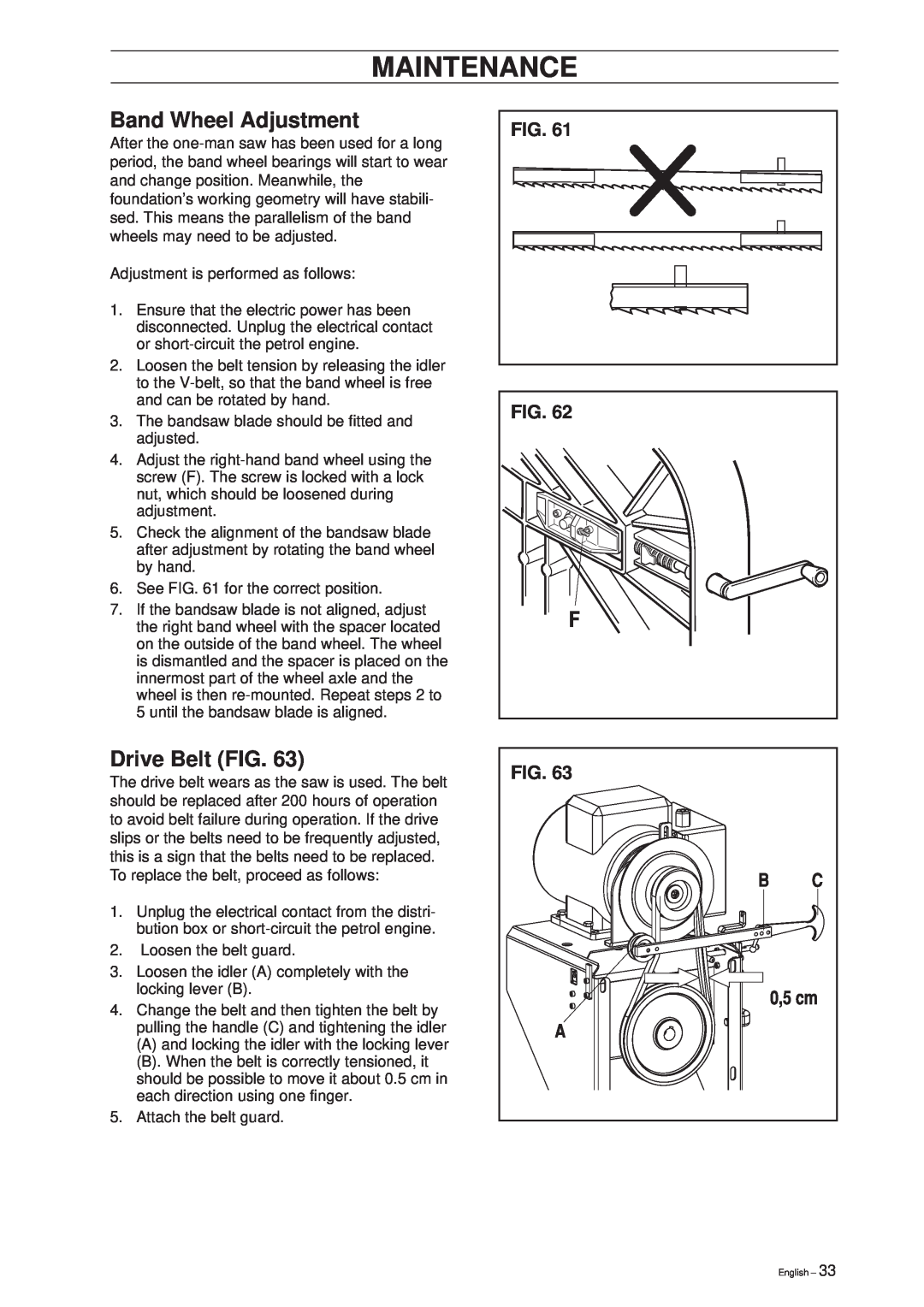 Husqvarna SMB 70, SMB 70 E manual Band Wheel Adjustment, Drive Belt FIG, Maintenance 