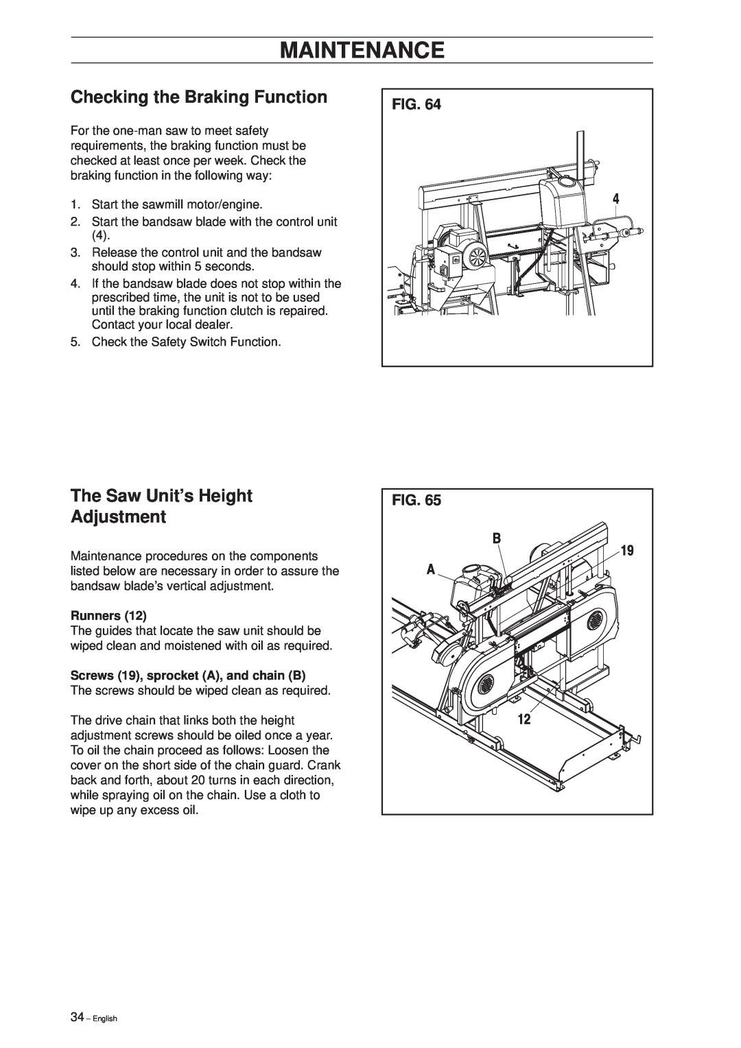 Husqvarna SMB 70, SMB 70 E manual Checking the Braking Function, The Saw Unit’s Height Adjustment, Maintenance, Runners 