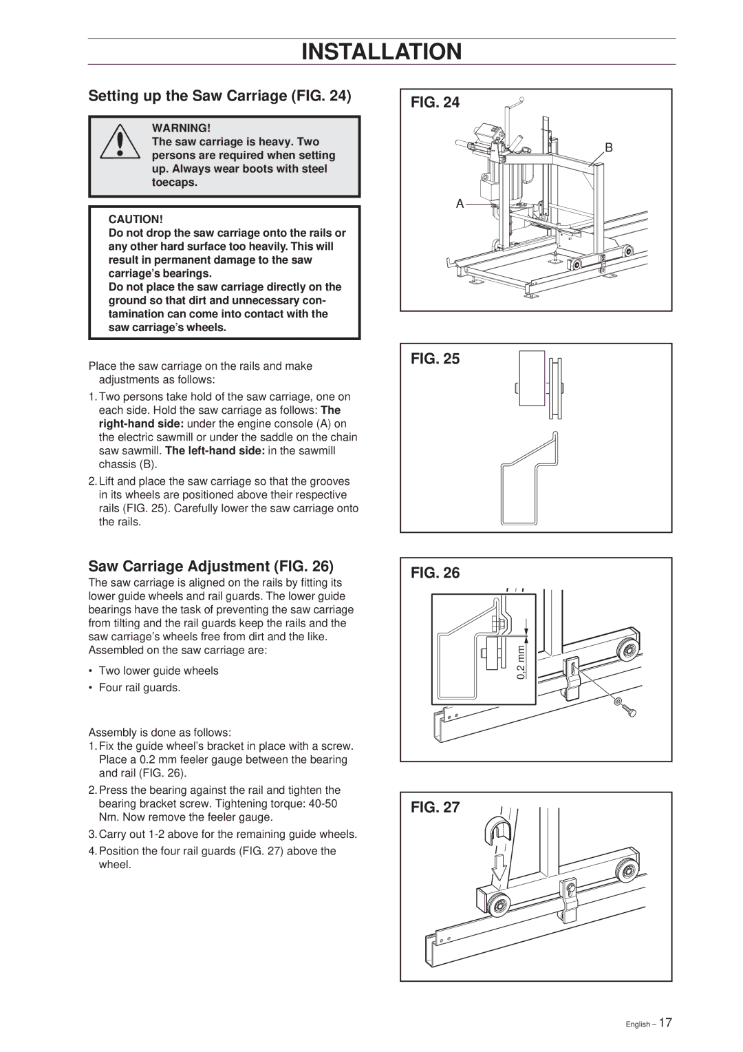 Husqvarna SMC 50 EF manual Setting up the Saw Carriage FIG, Saw Carriage Adjustment FIG 