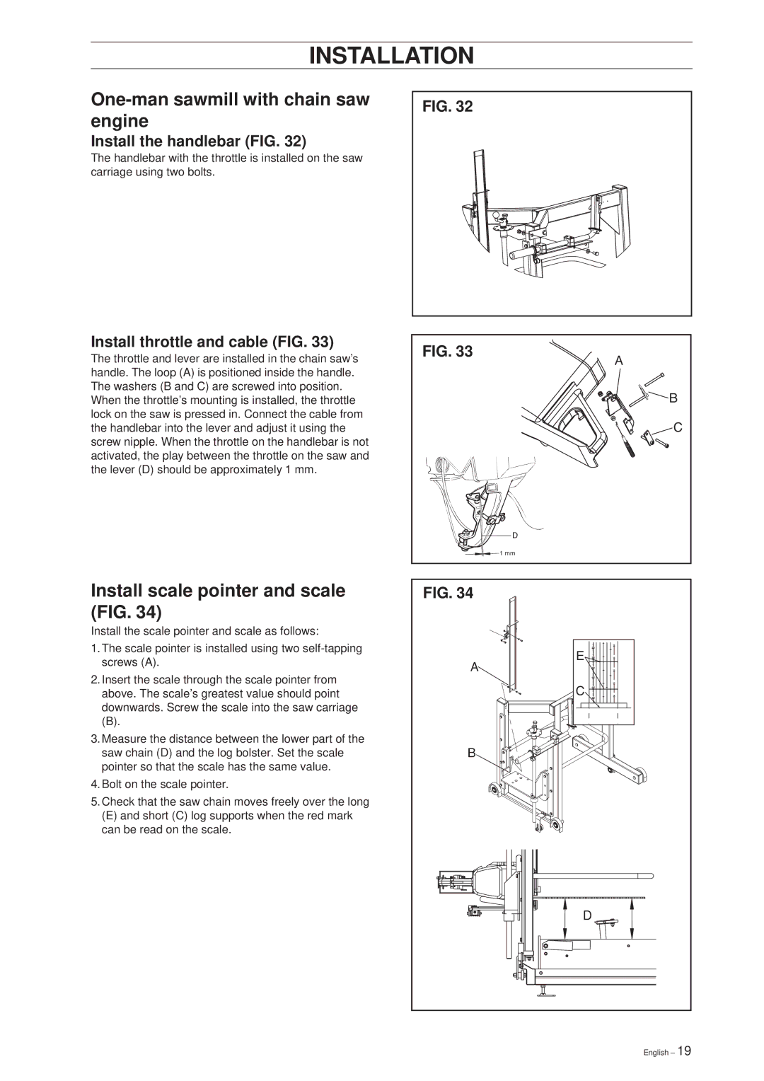 Husqvarna SMC 50 E manual Install scale pointer and scale FIG, Install the handlebar FIG, Install throttle and cable FIG 