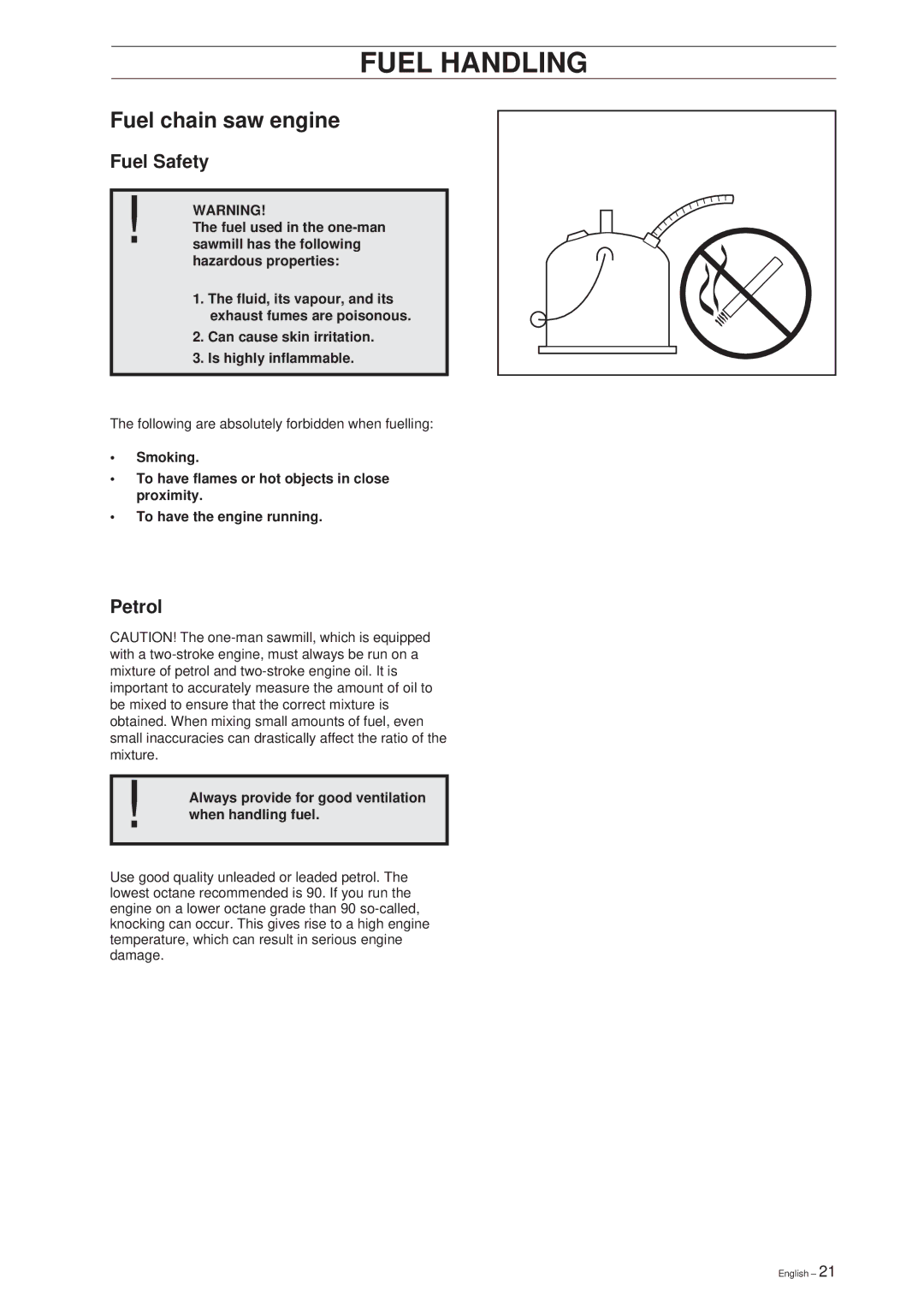 Husqvarna SMC 50 EF manual Fuel Handling, Fuel chain saw engine, Petrol 