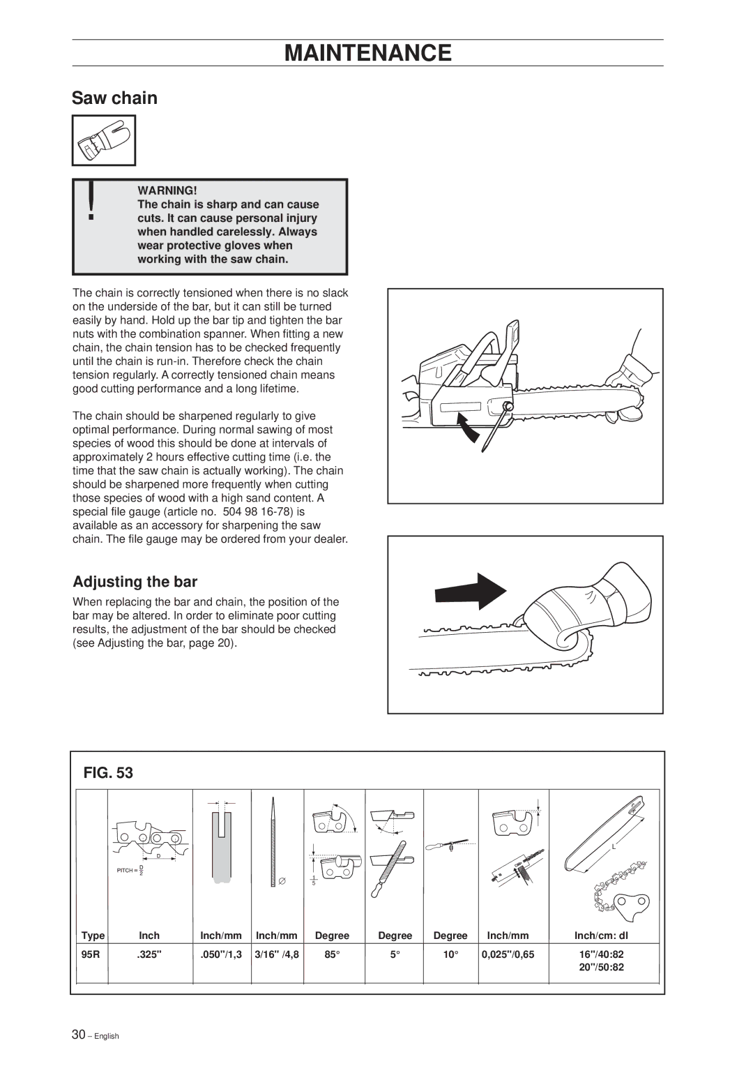 Husqvarna SMC 50 EF manual Saw chain, Adjusting the bar 